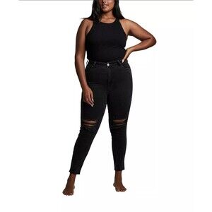 Cotton:On Curve Womens Jeans Ripped Cropped High Waist Skinny Black Size 14